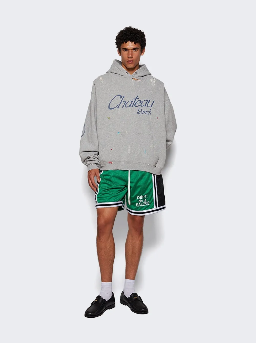GALLERY DEPT. CHATEAU RANCH HOODIE/HEATER GRAY Horseshoe Winery Splashed Ink Destroyed Hoodie Washed Gray S-XL Assute Reactive Dyes Ready-made Horseshoe Fading Process Post-Fry Color Processing Super Heavy and Cumbersome Too Many Cuts and Hanging Wormhole Destruction Process➕Hand-Splashed Ink Very Time-consuming and Labor-intensive Correct Version Original Main Mark➕Large Main Mark➕Yellow Wash Mark The original BOXY short and wide version has not been changed at all. God-cut. Authentic level printing process. Post-washing treatment to show natural aging effect.